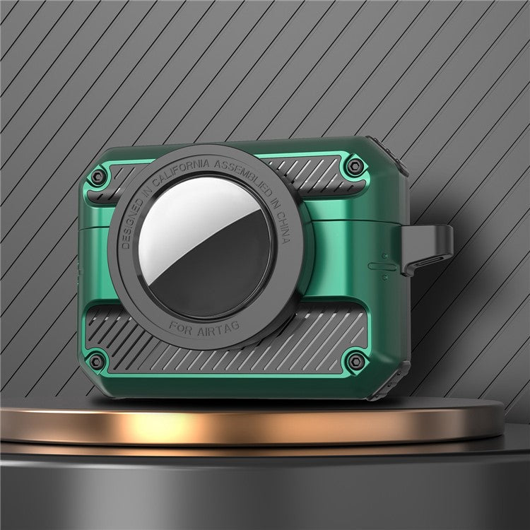 2 in 1 Protective Case for AirPods 3+AirTag Auto Spring Opening Bluetooth Earbuds Cover with Anti-Lost Hook - Dark Green