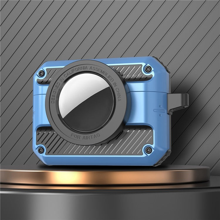 2 in 1 Protective Case for AirPods 3+AirTag Auto Spring Opening Bluetooth Earbuds Cover with Anti-Lost Hook - Blue