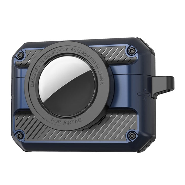 2 in 1 Protective Case for AirPods 3+AirTag Auto Spring Opening Bluetooth Earbuds Cover with Anti-Lost Hook - Dark Blue