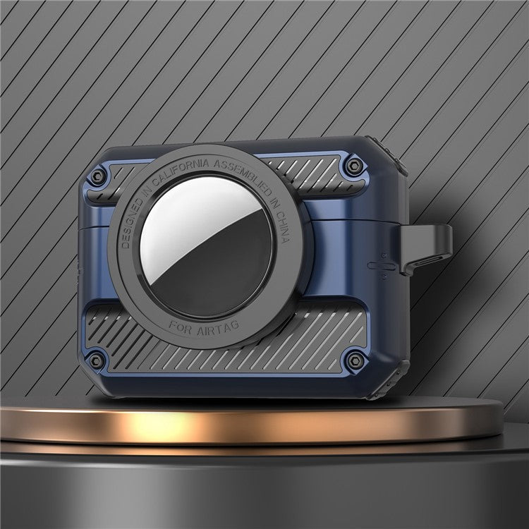 2 in 1 Protective Case for AirPods 3+AirTag Auto Spring Opening Bluetooth Earbuds Cover with Anti-Lost Hook - Dark Blue