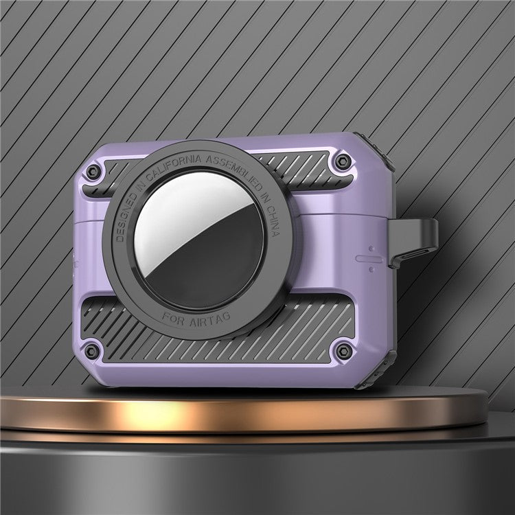 2 in 1 Protective Case for AirPods 3+AirTag Auto Spring Opening Bluetooth Earbuds Cover with Anti-Lost Hook - Purple
