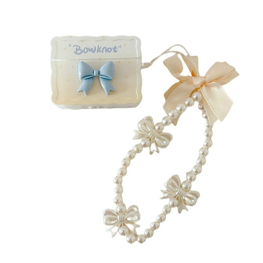 For Apple AirPods Pro Protective Cover Bowknot Design Soft TPU Anti-fall Earphone Case with Pearls Pendant