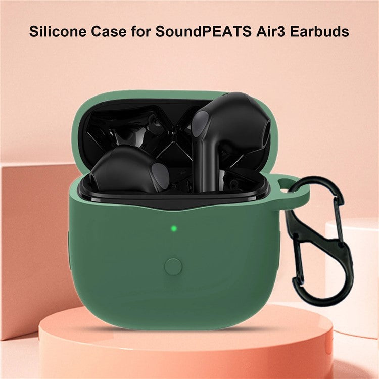 Anti-shock Protection Case for SoundPEATS Air3 Earphone Charging Box, Silicone Soft Cover with Carrying Buckle - Blackish Green
