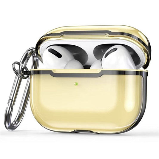 KKDJ865 For AirPods Pro 2 Transparent Earphone Case Soft TPU Hard PC Drop Proof Full Body Protective Electroplating Cover with Carabiner Hook - Transparent Gold / Black