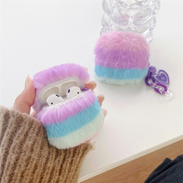 For AirPods with Charging Case (2016) / (2019) / AirPods with Wireless Charging Case (2019) Color Splicing Stylish Plush Earphone Case Winter Protective Cover with Heart Pendant - Purple / Blue