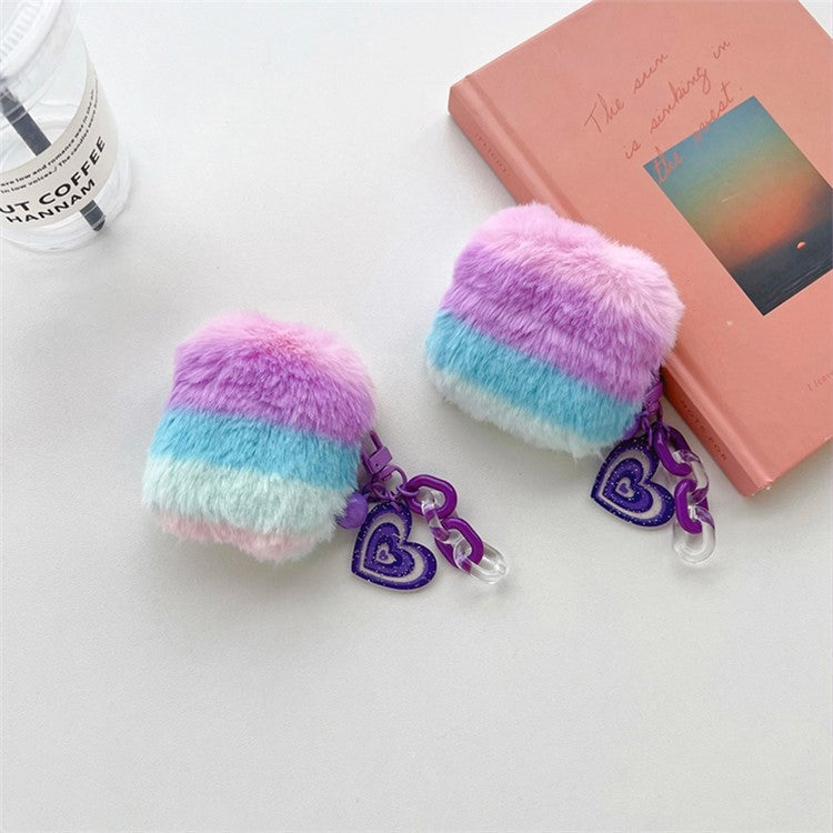 For Apple AirPods 3 Color Splicing Soft Plush Bluetooth Earphone Case Anti-drop Protective Cover with Heart Pendant - Purple / Blue