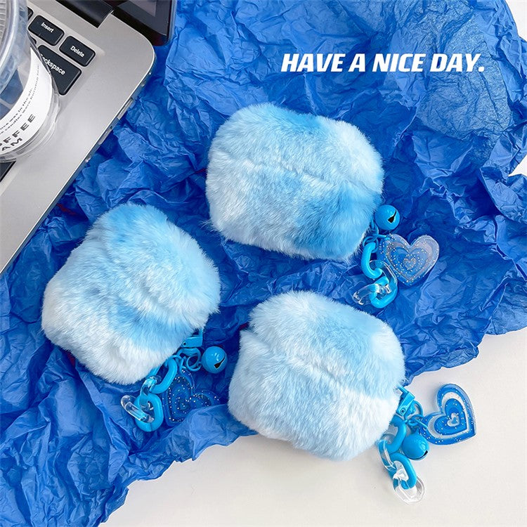 For Apple AirPods Pro Color Splicing Cute Plush Bluetooth Earphone Case Warm Anti-drop Cover with Heart Pendant - Blue / White