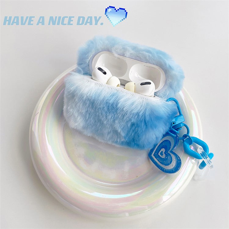 For Apple AirPods Pro Color Splicing Cute Plush Bluetooth Earphone Case Warm Anti-drop Cover with Heart Pendant - Blue / White