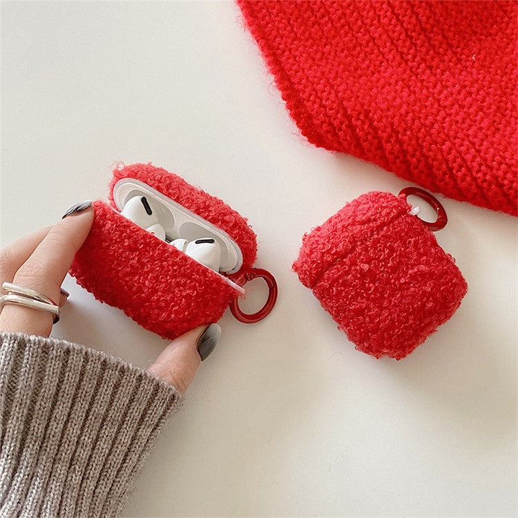 For Apple AirPods Pro 2 Solid Color Plush Earphone Case Bluetooth Earphone Earbud Anti-scratch TPU Cover with Buckle - Red