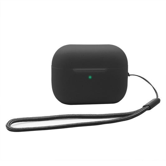 2.0mm Solid Color Silicone Case for Apple AirPods Pro 2, Bluetooth Earphone Anti-drop Cover with Hanging Strap - Black
