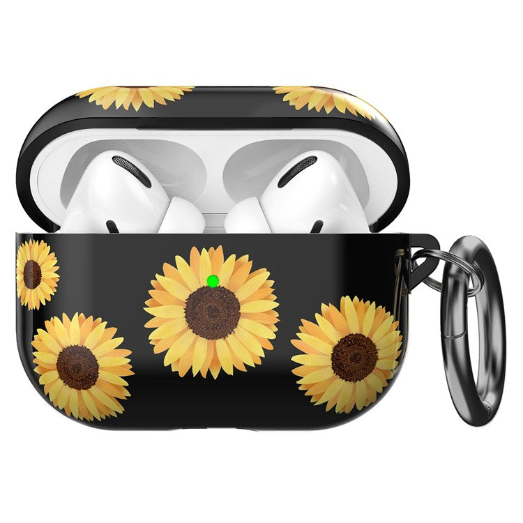 AHASTYLE PT-LC142 for Apple AirPods Pro Sunflower Pattern Earphone Case Bluetooth Earbud TPU Protective Cover with Carabiner - Black Sunflower