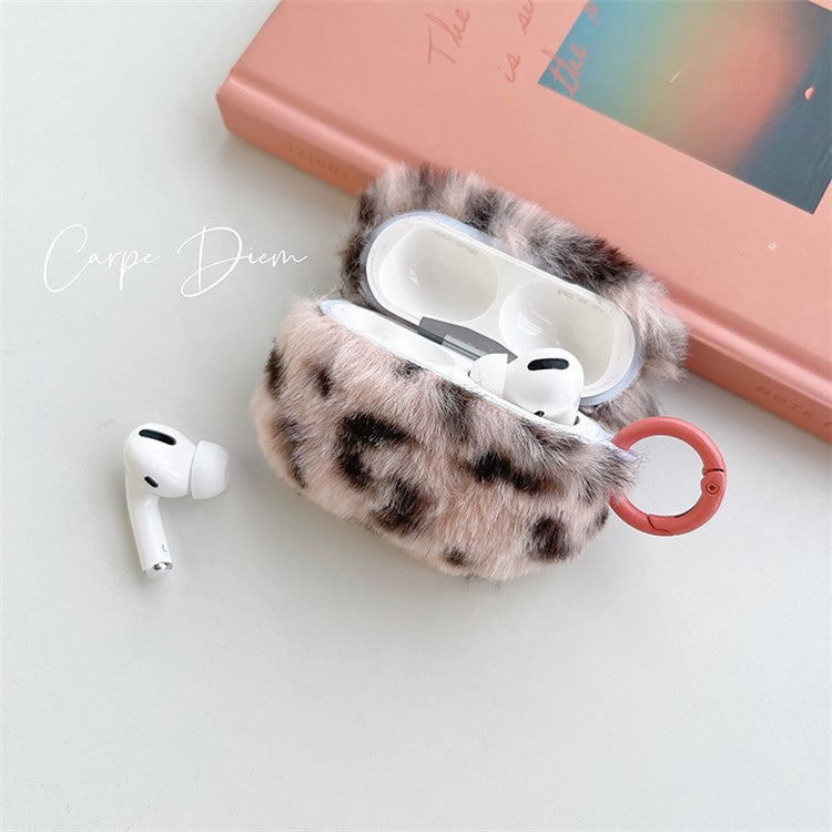 For Apple AirPods Pro Leopard Print Faux Fur Coated TPU Bluetooth Earphone Cover Anti-drop Protective Case with Ring Buckle - Pink