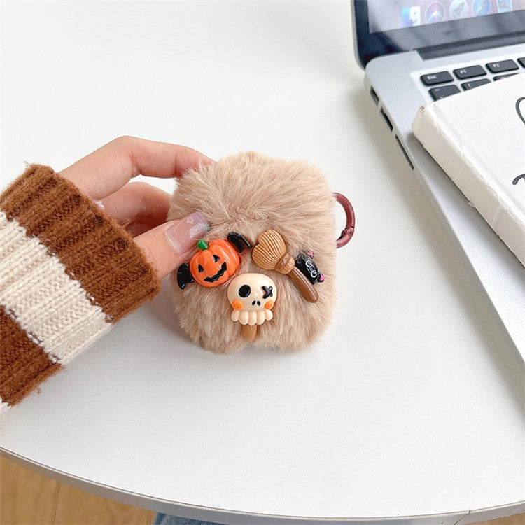 For Apple AirPods with Charging Case (2016)  /  (2019)  /  AirPods with Wireless Charging Case (2019) Little Ghost Skull Earphone Case Soft Fluff Earbud Cover with Ring Buckle - Khaki