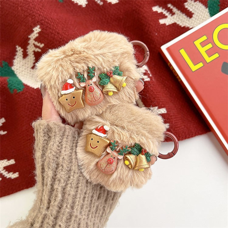 For Apple AirPods with Charging Case (2016)  /  (2019)  /  AirPods with Wireless Charging Case (2019) Christmas Elk Star Bells Earphone Case Fluff Earbud Cover with Ring Buckle