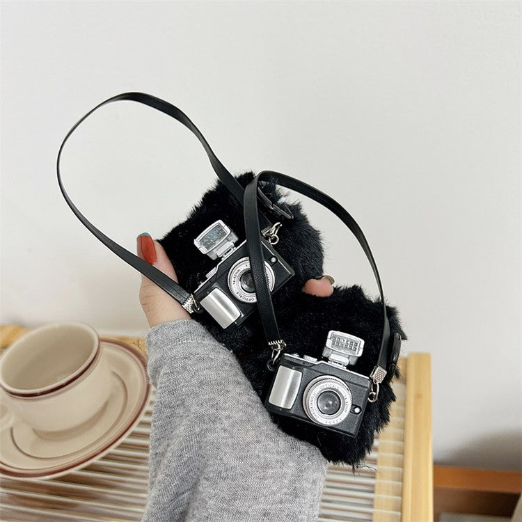 For Apple AirPods with Charging Case (2016)  /  (2019)  /  AirPods with Wireless Charging Case (2019) Light Function Camera Design Fluff + TPU Protective Cover with Hook