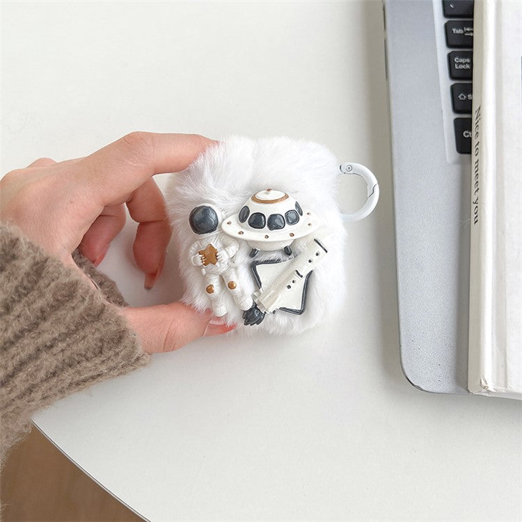 For AirPods with Charging Case (2016)  /  (2019)  /  AirPods with Wireless Charging Case (2019) Astronaut Spaceship Rocket Faux Fur+TPU Earphone Cover Protective Case with Ring Buckle
