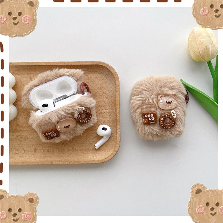 For Apple AirPods 3 Fluff + TPU Cover Cartoon Bear / Doughnut / Chocolate Bluetooth Earphone Protective Case with Hook