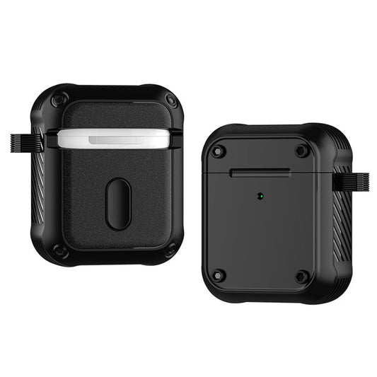 For Apple AirPods with Charging Case (2016) / (2019) / AirPods with Wireless Charging Case (2019) Dual-color PC+TPU Earphone Case Anti-drop Cover with Carabiner - Black