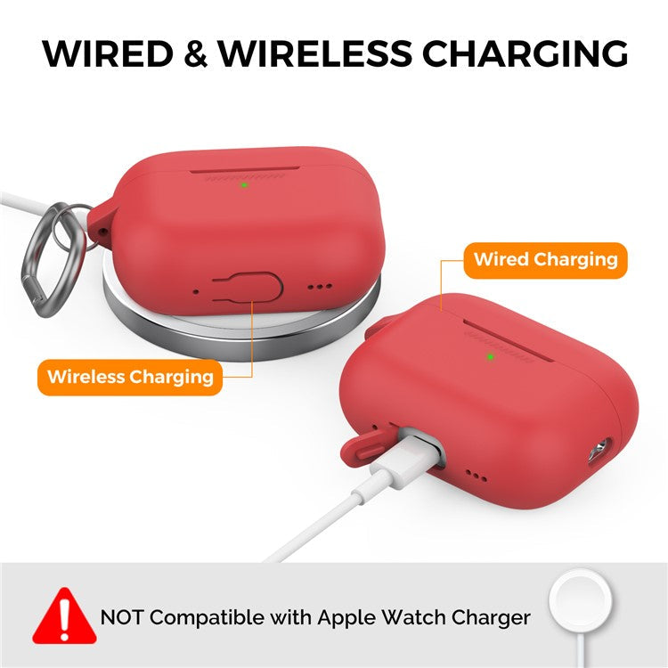 AHASTYLE PT193 For Apple AirPods Pro 2 Earphone Charging Bin Shockproof Silicone Case Impact-resistant Shell Cover with Carabiner - Red