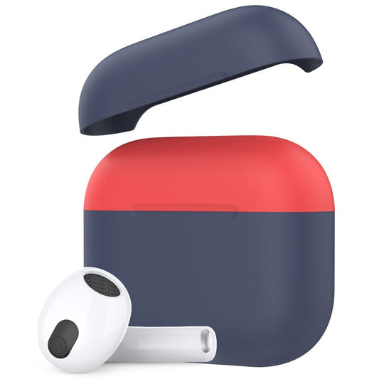 AHASTYLE PT147-2 Silicone Cover for Apple AirPods 3 Case Dual Color TWS Headset Protective Case (2 Caps + 1 Body) - Navy Blue / Red