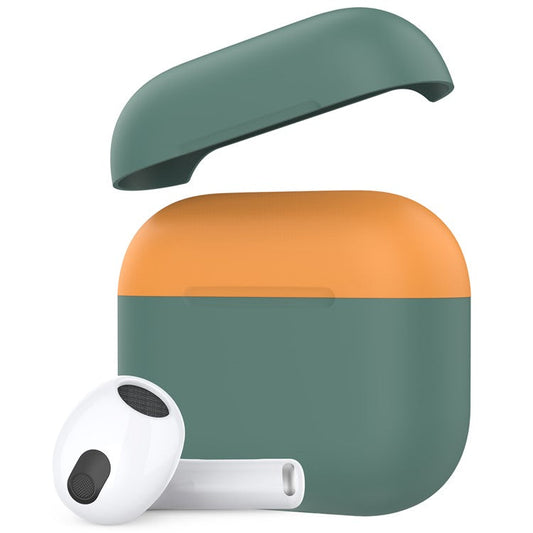 AHASTYLE PT147-2 Silicone Cover for Apple AirPods 3 Case Dual Color TWS Headset Protective Case (2 Caps + 1 Body) - Midnight Green / Orange