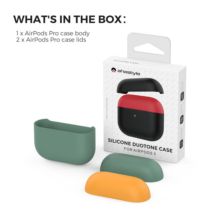 AHASTYLE PT147-2 Silicone Cover for Apple AirPods 3 Case Dual Color TWS Headset Protective Case (2 Caps + 1 Body) - Midnight Green / Orange