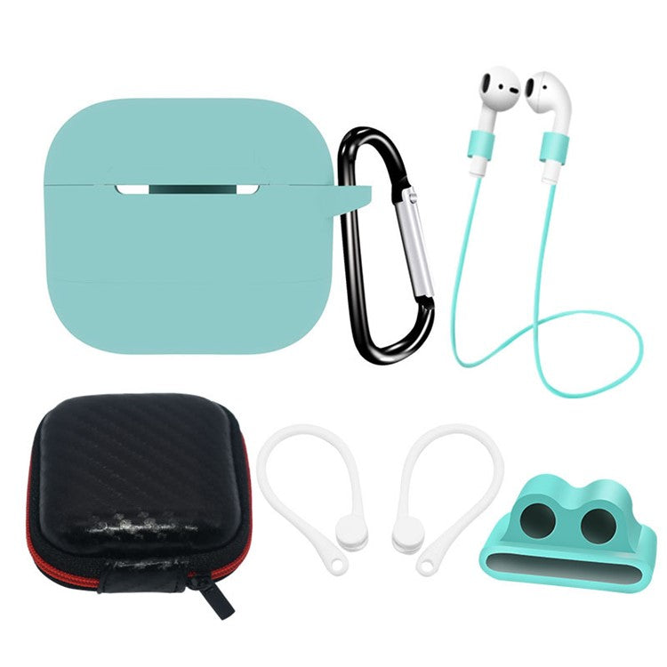 6 in 1 For Apple AirPods 3 Portable Carrying Bag Headset Silicone Case Set with Earbuds Holder / Anti-Lost Neck Strap - Mint Green