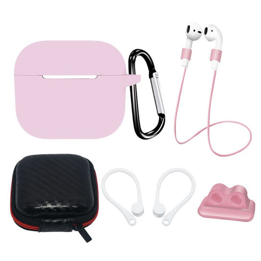 6 in 1 For Apple AirPods 3 Portable Carrying Bag Headset Silicone Case Set with Earbuds Holder / Anti-Lost Neck Strap - Pink