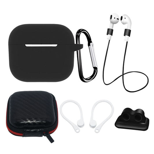 6 in 1 For Apple AirPods 3 Portable Carrying Bag Headset Silicone Case Set with Earbuds Holder / Anti-Lost Neck Strap - Black