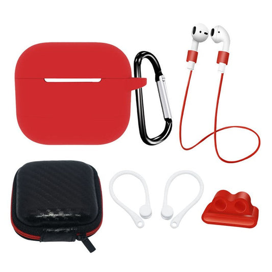 6 in 1 For Apple AirPods 3 Portable Carrying Bag Headset Silicone Case Set with Earbuds Holder / Anti-Lost Neck Strap - Red