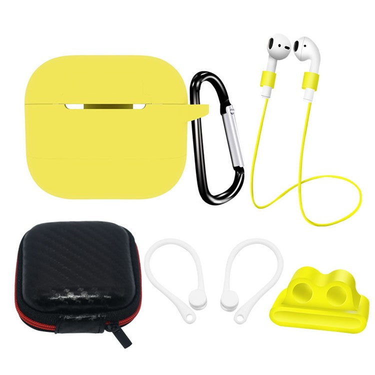 6 in 1 For Apple AirPods 3 Portable Carrying Bag Headset Silicone Case Set with Earbuds Holder / Anti-Lost Neck Strap - Yellow