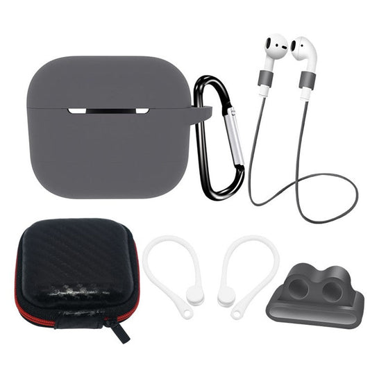 6 in 1 For Apple AirPods 3 Portable Carrying Bag Headset Silicone Case Set with Earbuds Holder / Anti-Lost Neck Strap - Grey