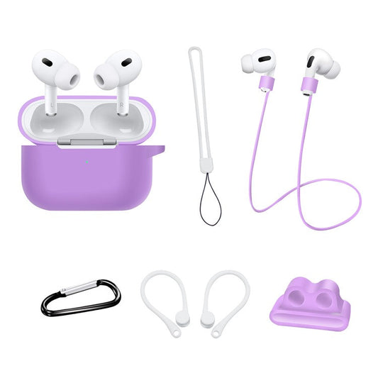 For AirPods Pro 2 Silicone Cover Neck Rope Hanging Buckle Ear Hook 6-in-1 Anti-lost Accessories Kit - Purple