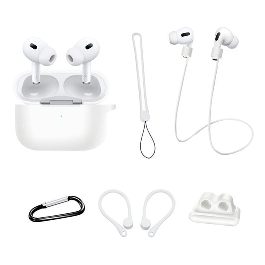 For AirPods Pro 2 Silicone Cover Neck Rope Hanging Buckle Ear Hook 6-in-1 Anti-lost Accessories Kit - White