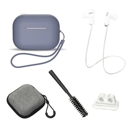 For AirPods Pro 2 6-in-1 Silicone Protective Cover + Anti-lost Rope + Storage Case + Brush + Watch Band Earbud Holder + Hand Rope - Lavender Gray