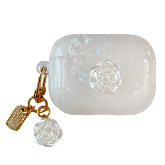 For AirPods Pro 2 Shockproof Case with Camellia Decor, Shell Grain Camellia Pattern Anti-Drop TPU Case