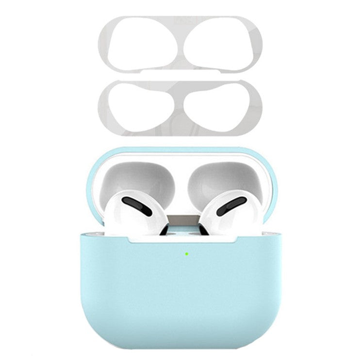 For Apple AirPods 3 Earphone Case Silicone Shock-Absorbing Earbuds Cover with Metal Dustproof Sticker Kit - Sky Blue+Silver