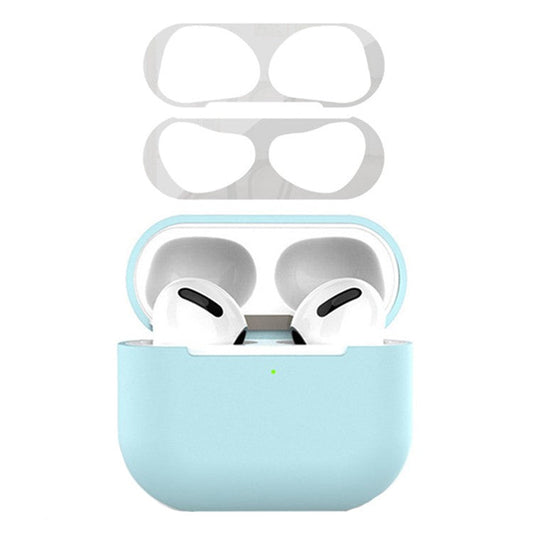 For Apple AirPods 3 Earphone Case Silicone Shock-Absorbing Earbuds Cover with Metal Dustproof Sticker Kit - Sky Blue+Silver