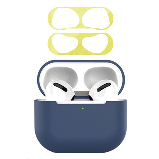 For Apple AirPods 3 Earphone Case Silicone Shock-Absorbing Earbuds Cover with Metal Dustproof Sticker Kit - Midnight Blue+Gold