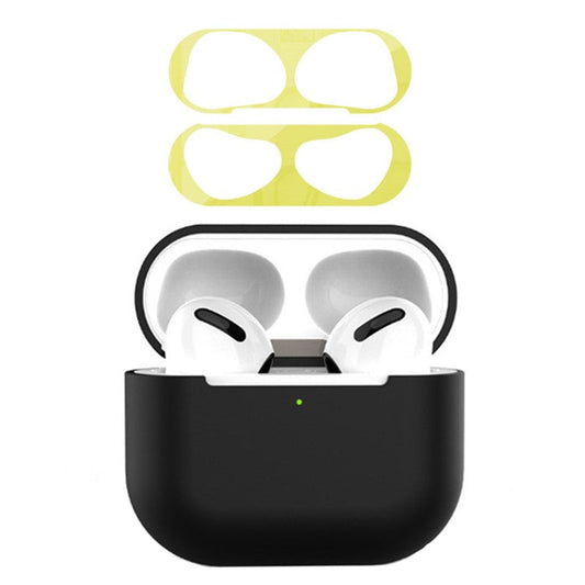 For Apple AirPods 3 Earphone Case Silicone Shock-Absorbing Earbuds Cover with Metal Dustproof Sticker Kit - Black+Gold