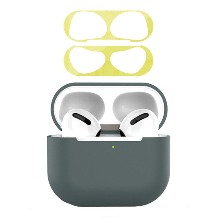 For Apple AirPods 3 Earphone Case Silicone Shock-Absorbing Earbuds Cover with Metal Dustproof Sticker Kit - Midnight Green+Gold