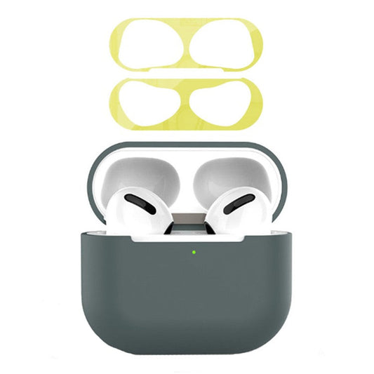 For Apple AirPods 3 Earphone Case Silicone Shock-Absorbing Earbuds Cover with Metal Dustproof Sticker Kit - Midnight Green+Gold