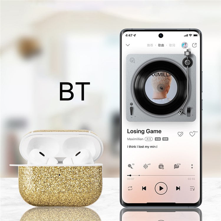 For Apple AirPods Pro Charging Case Cover Glitter TPU+PU Protective Headset Case - Gold