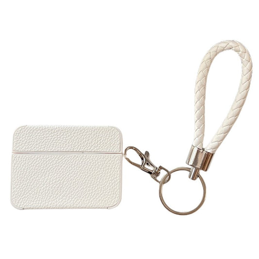 For Apple AirPods Pro Charging Case Cover Litchi Texture PU+TPU Protective Headset Case with Strap - White
