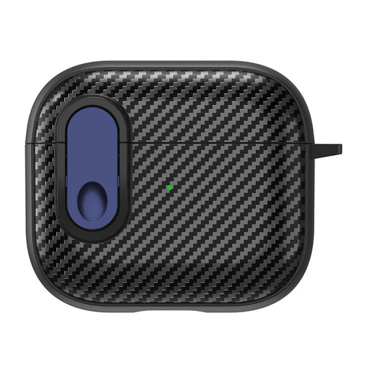 For Apple AirPods 3 TPU+PC Headset Case Buckle Design Carbon Fiber Cover with Anti Lost Hook - Black+Blue