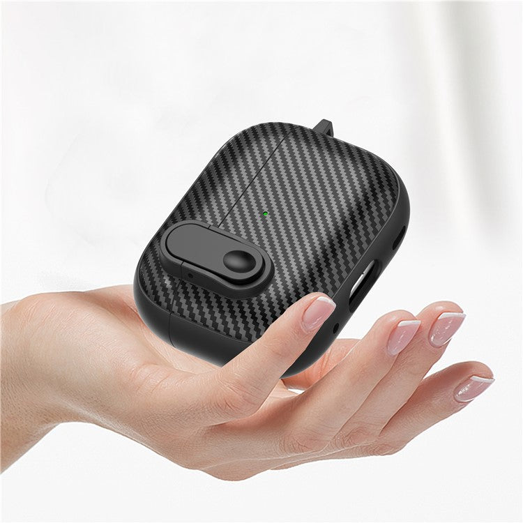 For AirPods Pro 2 Colorful Buckle Earphone Case Carbon Fiber TPU+PC Protective Cover with Keychain - Black+White
