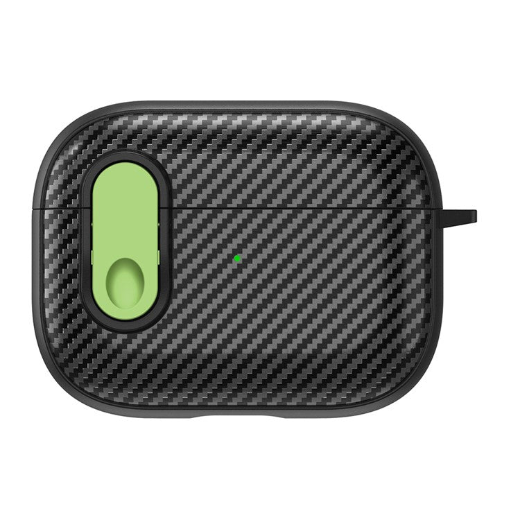 For AirPods Pro 2 Colorful Buckle Earphone Case Carbon Fiber TPU+PC Protective Cover with Keychain - Black+Light Green
