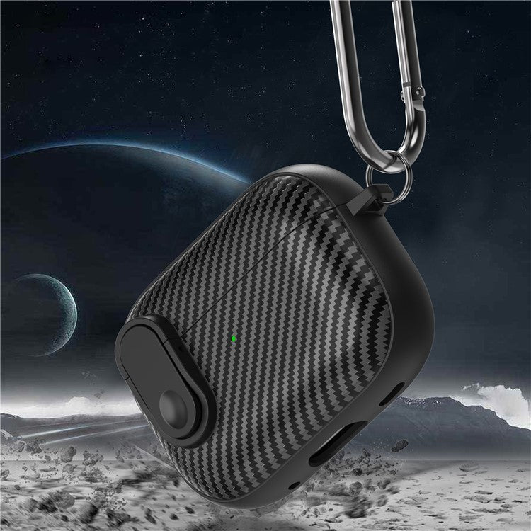 For Apple AirPods Pro Wireless Earbuds Case Carbon Fiber TPU+PC Colorful Buckle Cover with Keychain - Black+Purple