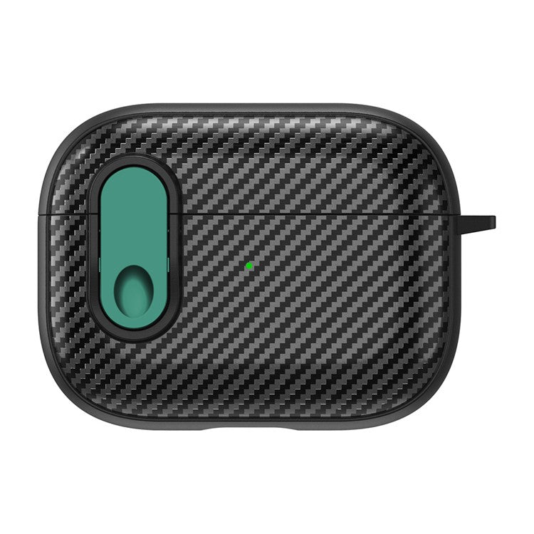 For Apple AirPods Pro Wireless Earbuds Case Carbon Fiber TPU+PC Colorful Buckle Cover with Keychain - Black+Green