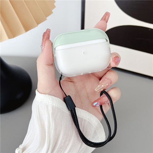 For AirPods Pro 2 TPU + PC Earphone Case Shockproof Protective Cover with Anti-lost Strap - Green+Transparent
